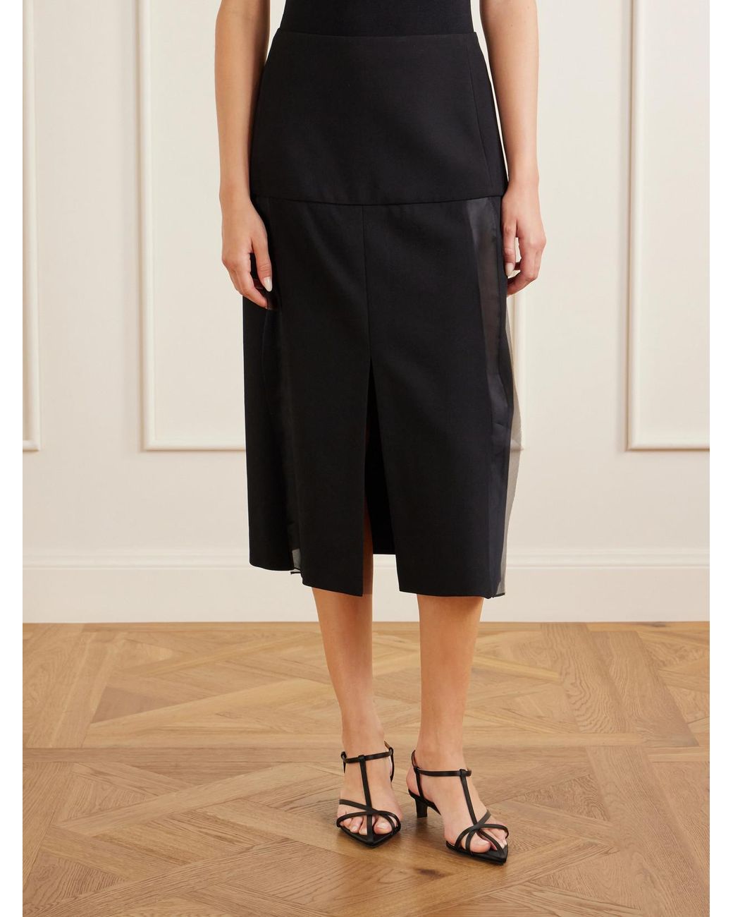Jil Sander Black Satin-Trimmed Wool Midi Skirt