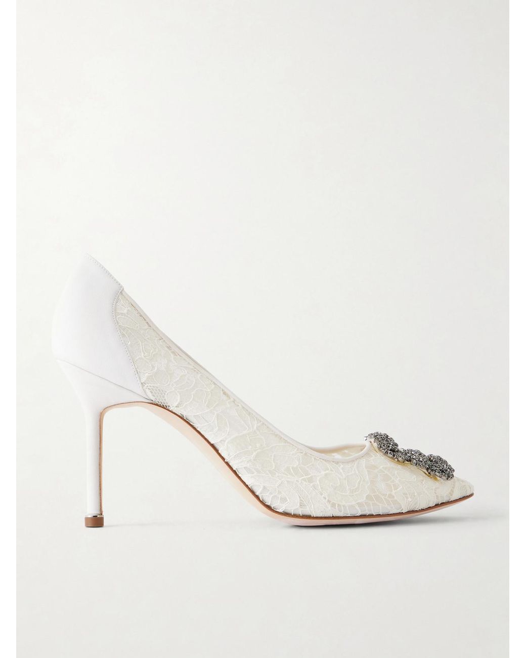 Manolo Blahnik Gray Hangisi 90 Crystal-Embellished Corded Lace Pumps