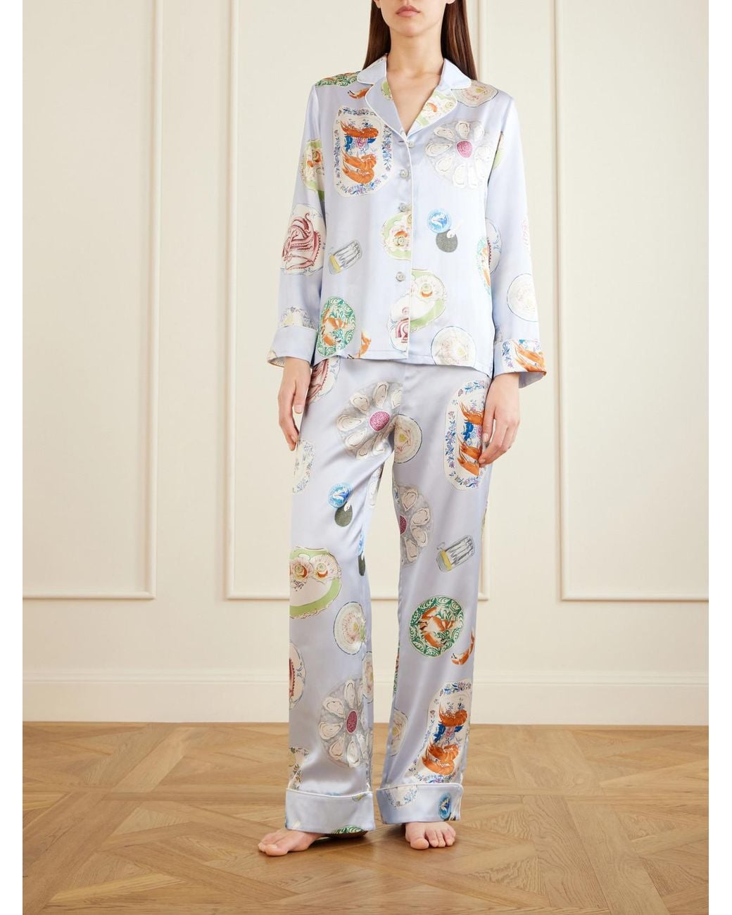 Olivia Von Halle Blue Lila Printed Silk-Satin Pajama Set