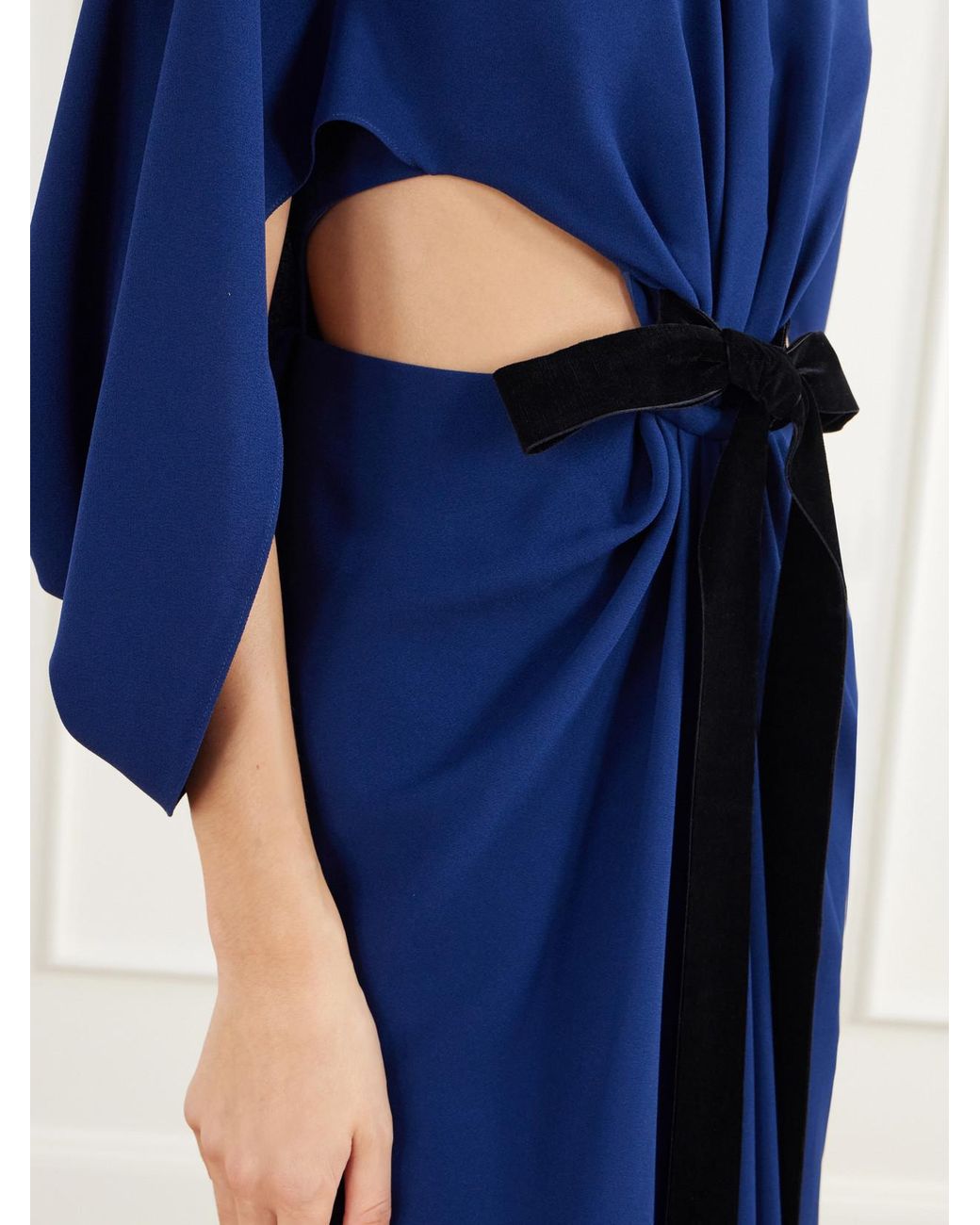 Jonathan Simkhai Blue Annette Cape-Effect Bead-Embellished Gathered Velvet-Trimmed Crepe Gown