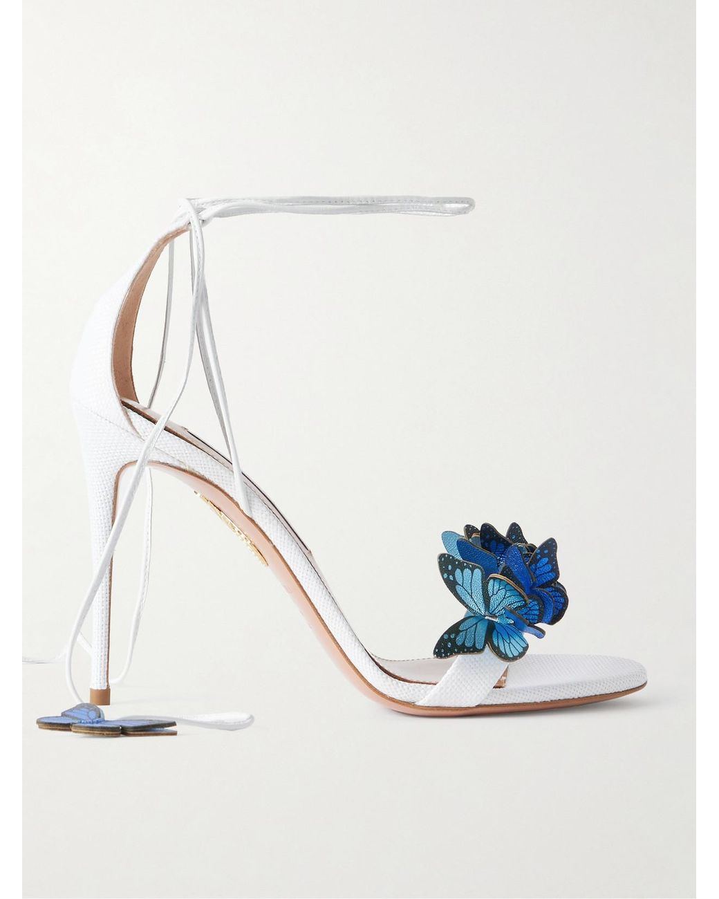 Aquazzura Papillon 105 Leather-Trimmed Appliquéd Raffia Sandals in