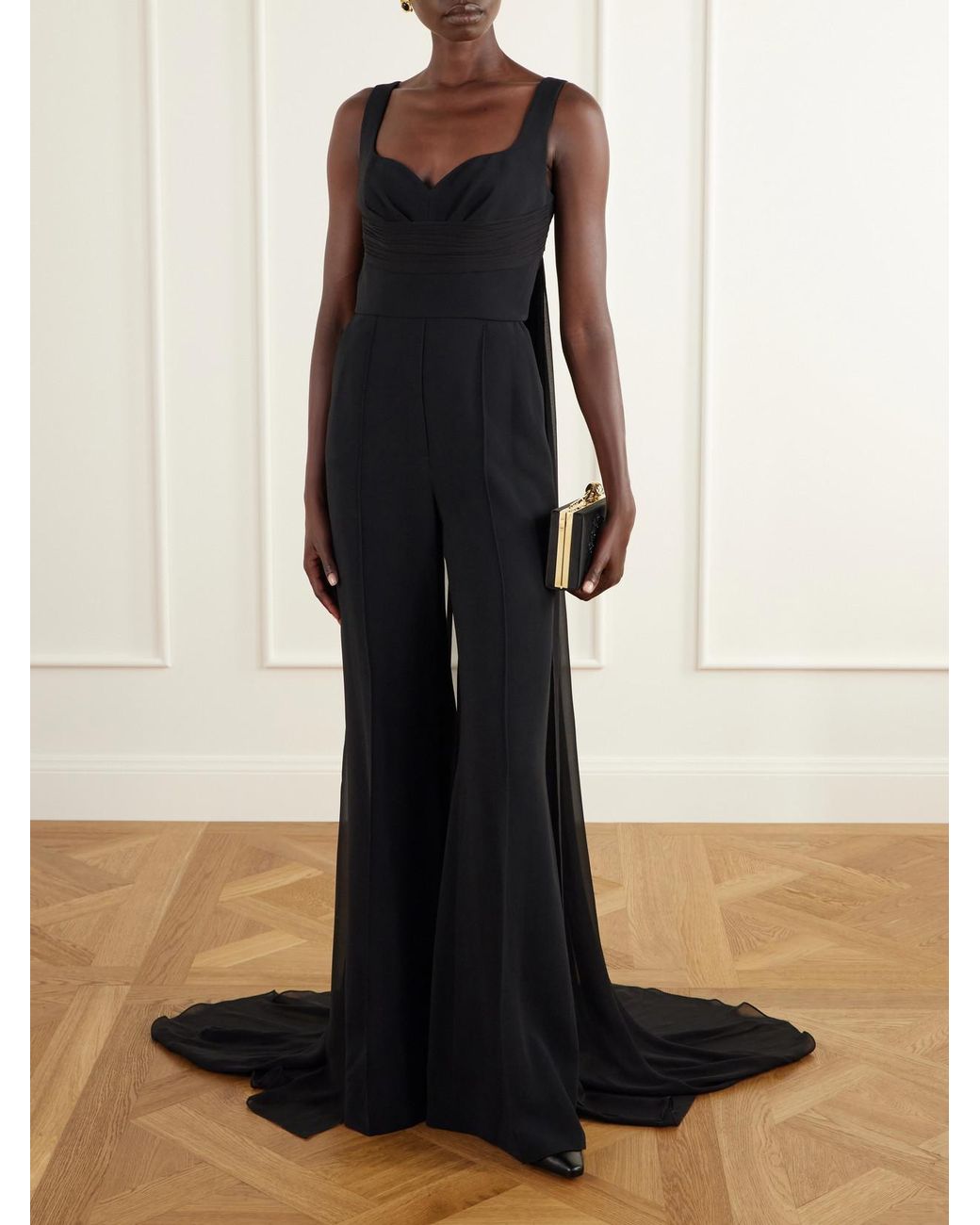 Elie Saab Black Ruched Chiffon-Trimmed Silk-Blend Cady Jumpsuit