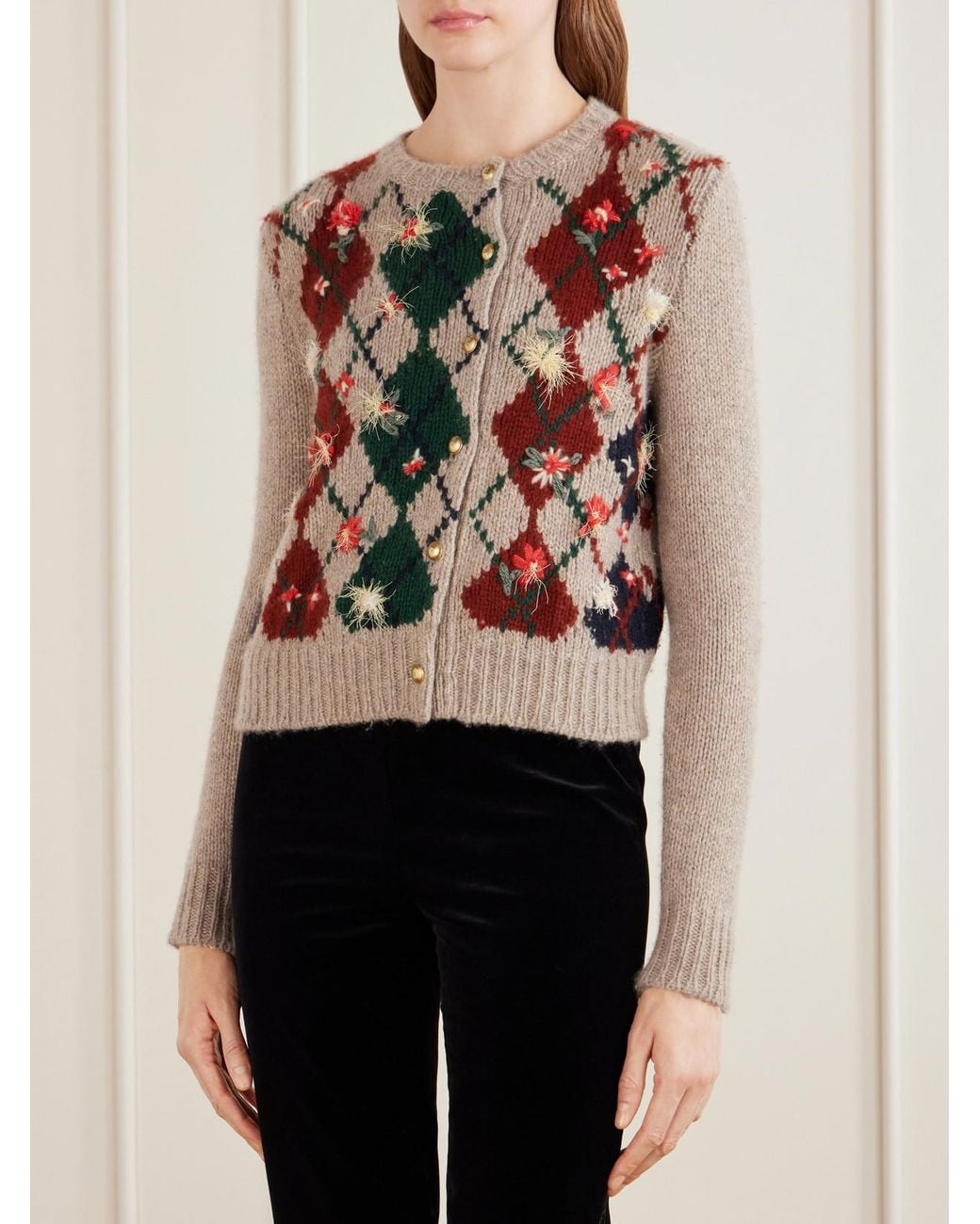 Khaite Natural Marcela Checked Embroidered Wool And Mohair-Blend Cardigan