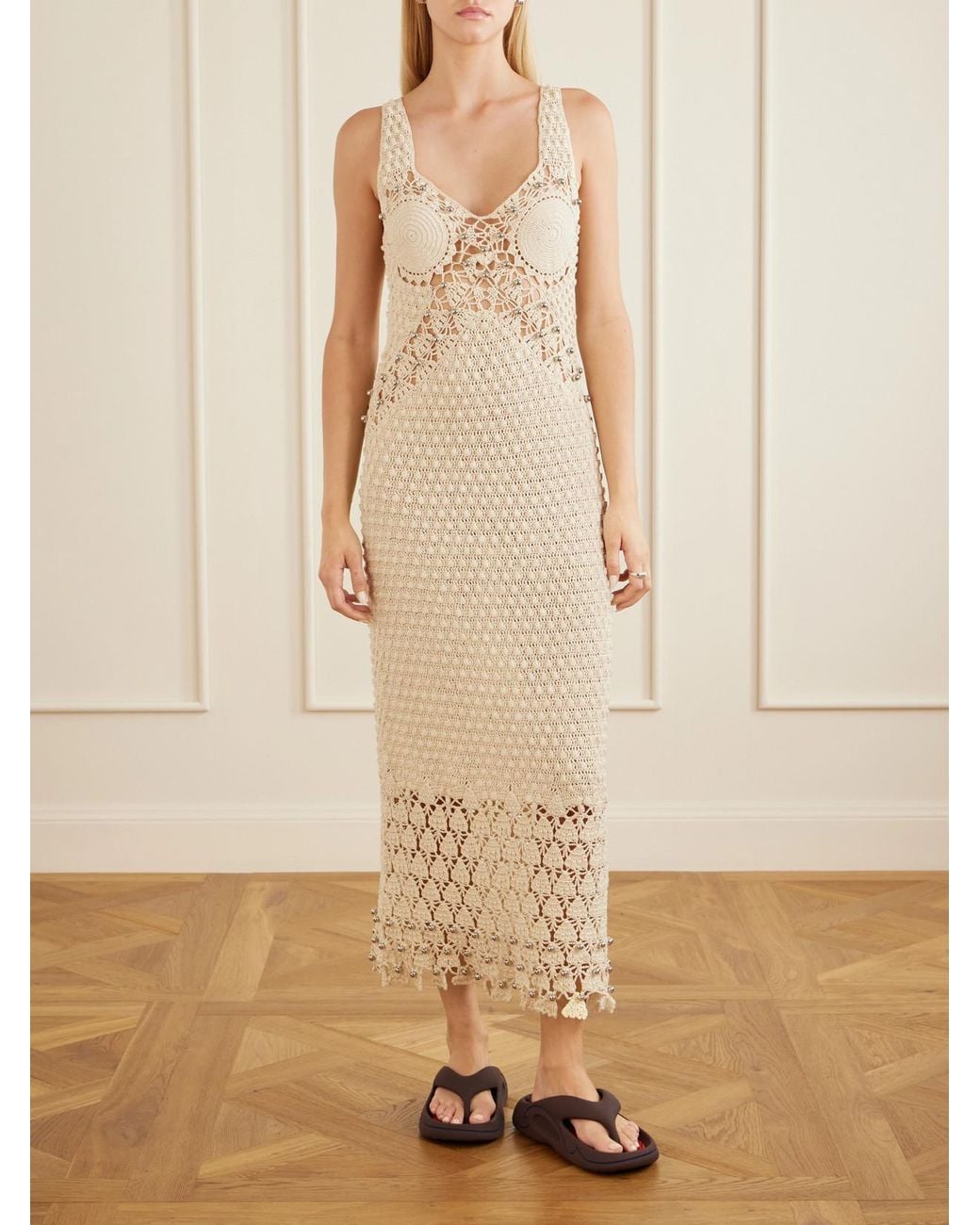 Rabanne Natural Embellished Crocheted Cotton Midi Dress