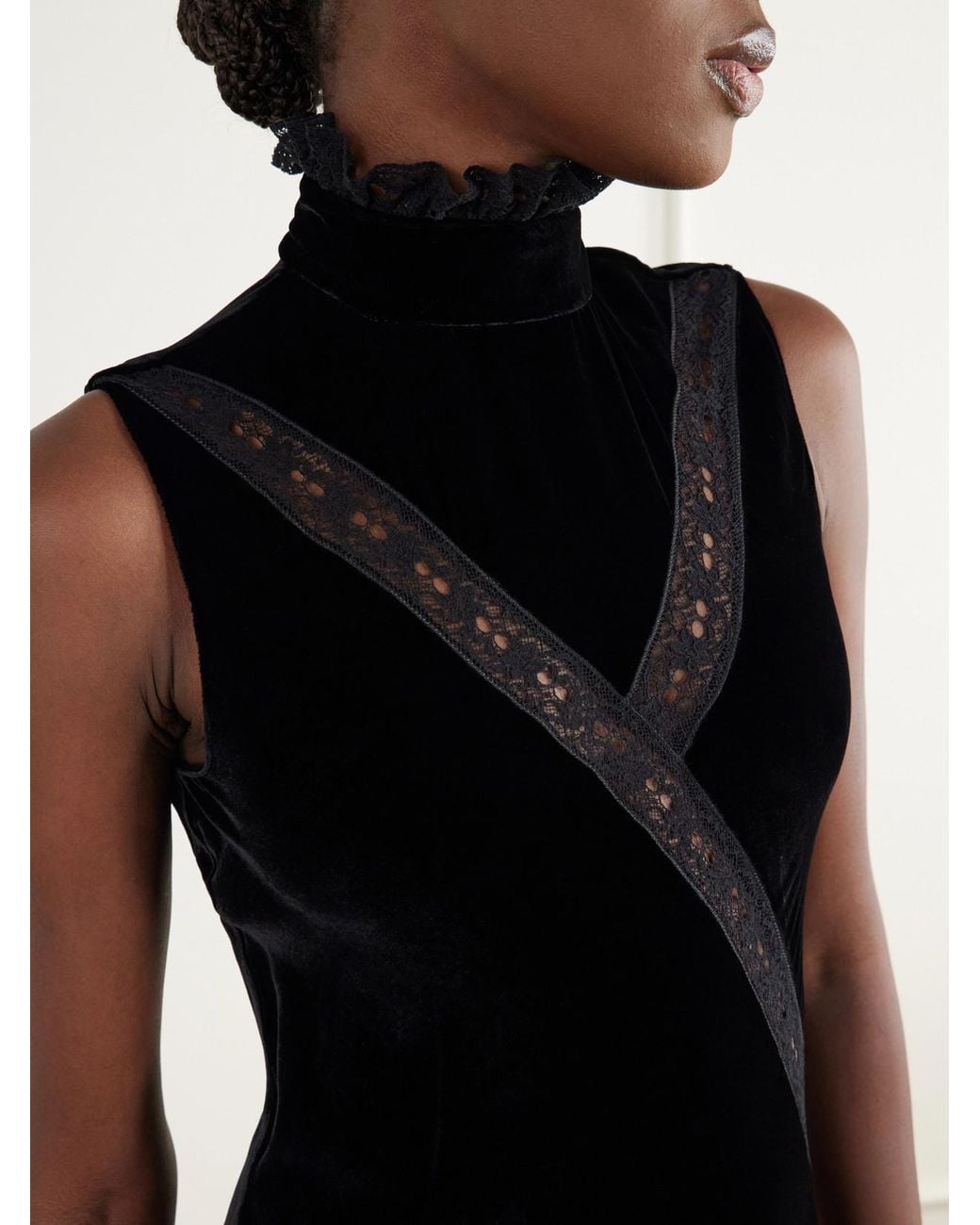 Ann Demeulemeester Black Lace-Trimmed Velvet Gown