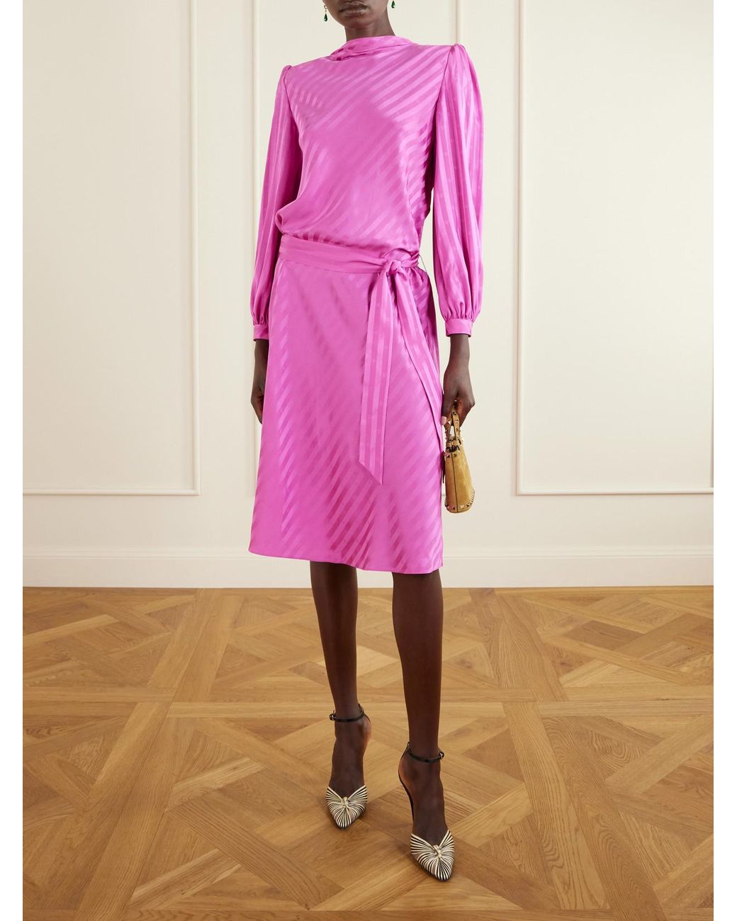 Valentino Garavani Pink Logo-Jacquard Belted Striped Silk-Satin Midi Dress