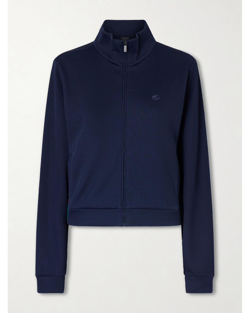 Gucci Blue Webbing-Trimmed Ribbed Zip-Up Jacket