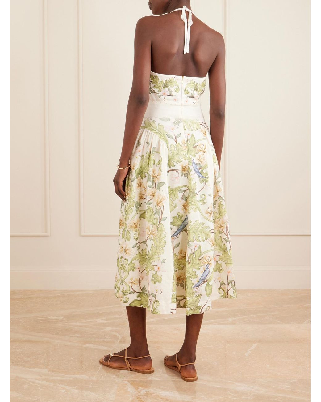 Agua Bendita White Balsa Anhelo Embellished Printed Halterneck Linen Maxi Dress