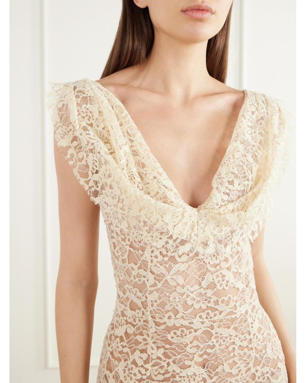 Colleen Allen White Draped Corded Lace Cotton-Blend Gown
