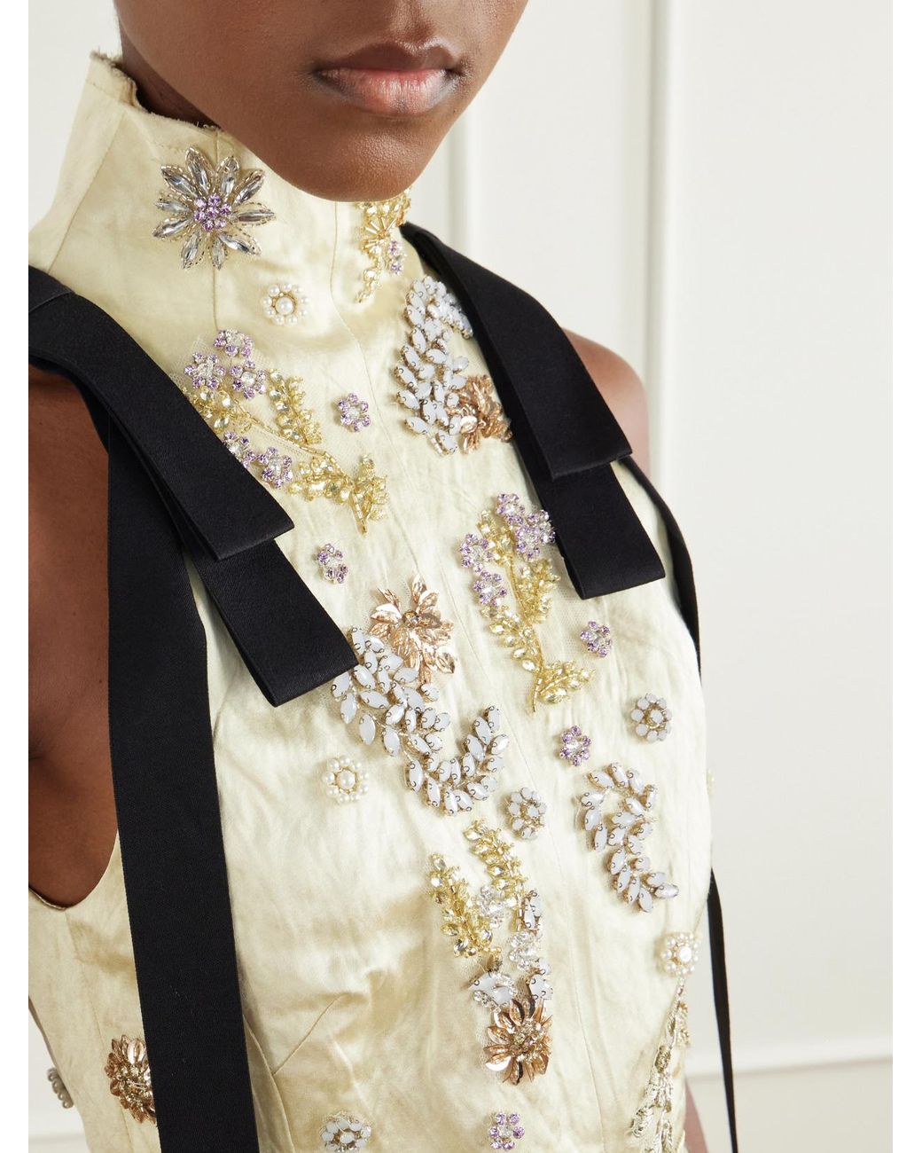 Erdem White Tie-Detail Cropped Embellished Satin Top
