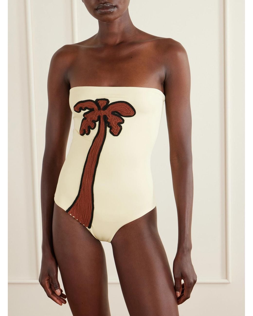 Johanna Ortiz Natural Palm Appliquéd Strapless Swimsuit