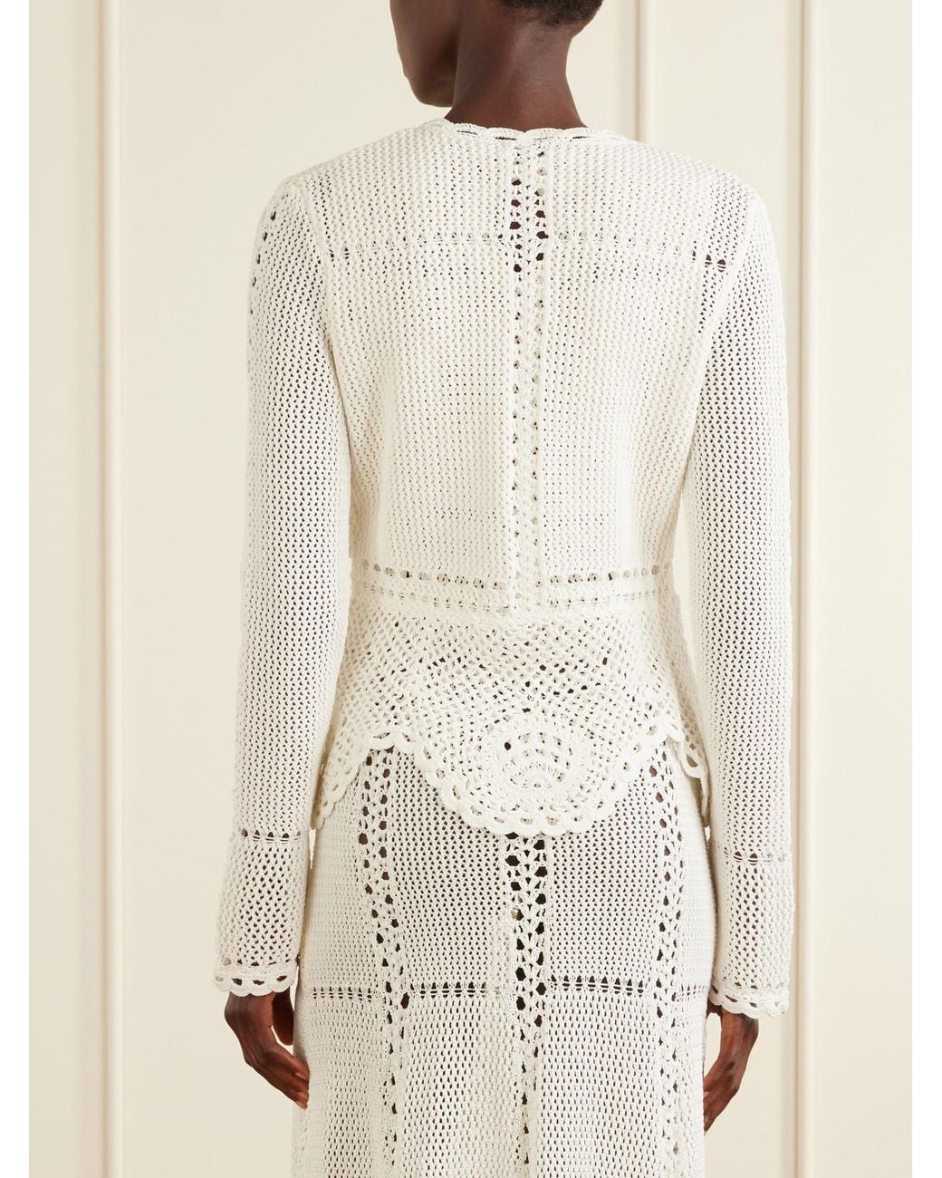 Erdem White Crochet-Knit Cotton Peplum Cardigan