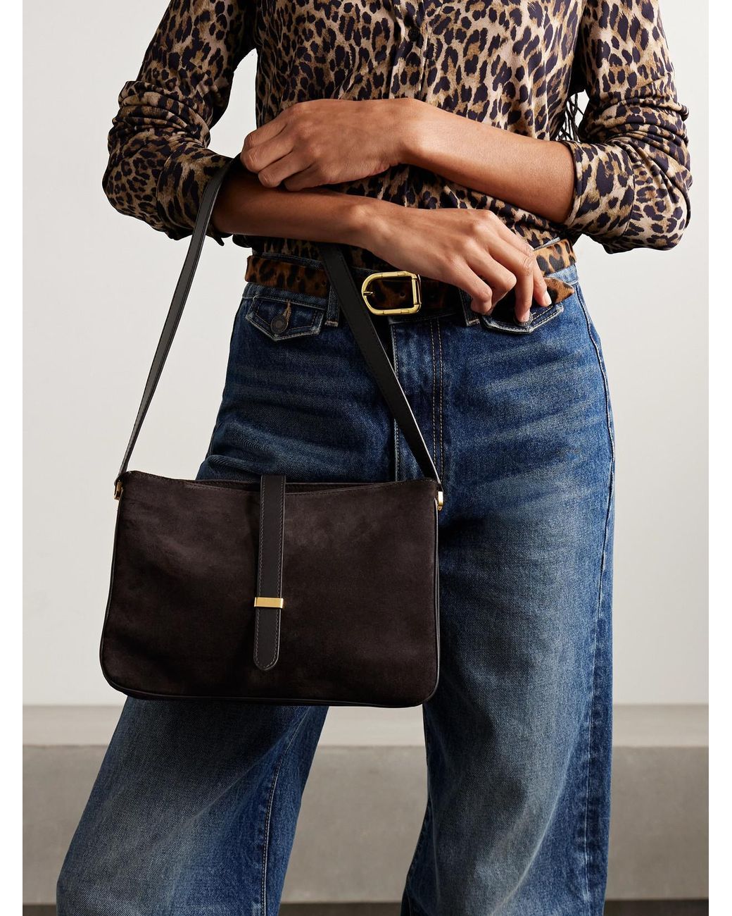 Nili Lotan White Jane Leather-Trimmed Suede Shoulder Bag