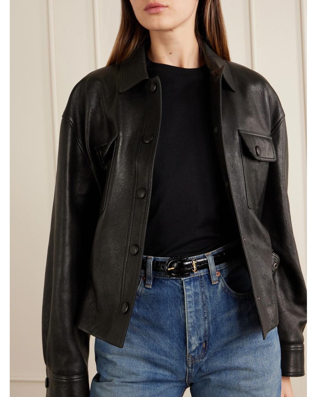 Saint Laurent Black Cassandre Embellished Croc-Effect Leather Belt