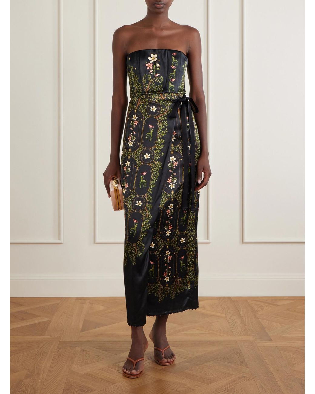 Agua Bendita Black Floral-Print Embellished Satin Midi Dress