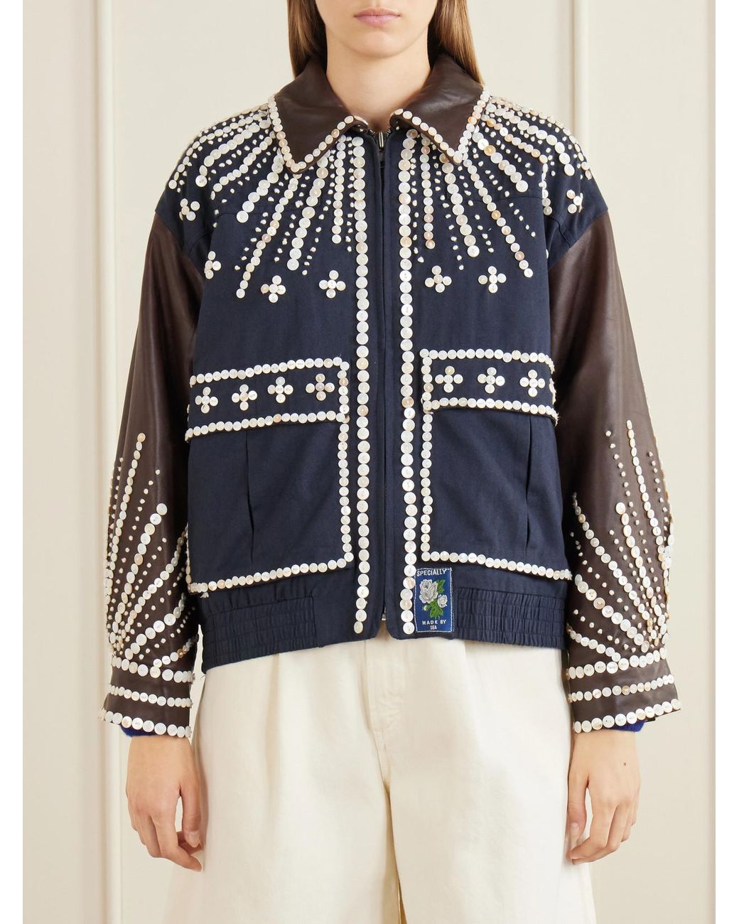 Sea Blue Georgie Button-Embellished Cotton-Canvas And Leather Jacket