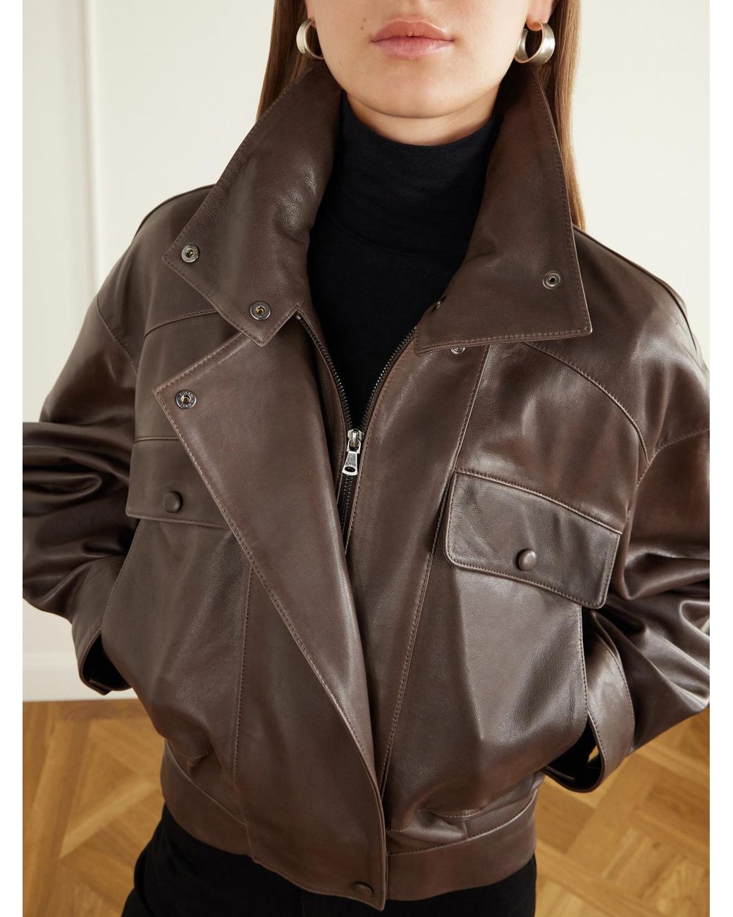 Nour Hammour Brown Quincy Cropped Paneled Leather Bomber Jacket