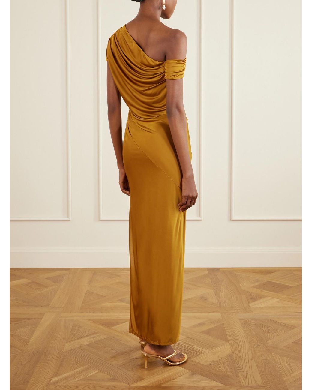 Galvan Metallic Off-The-Shoulder Draped Satin-Jersey Maxi Dress
