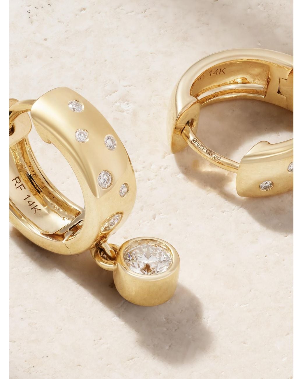 Roxanne First Natural Polka-Dot Drop 14-Karat Diamond Hoop Earrings