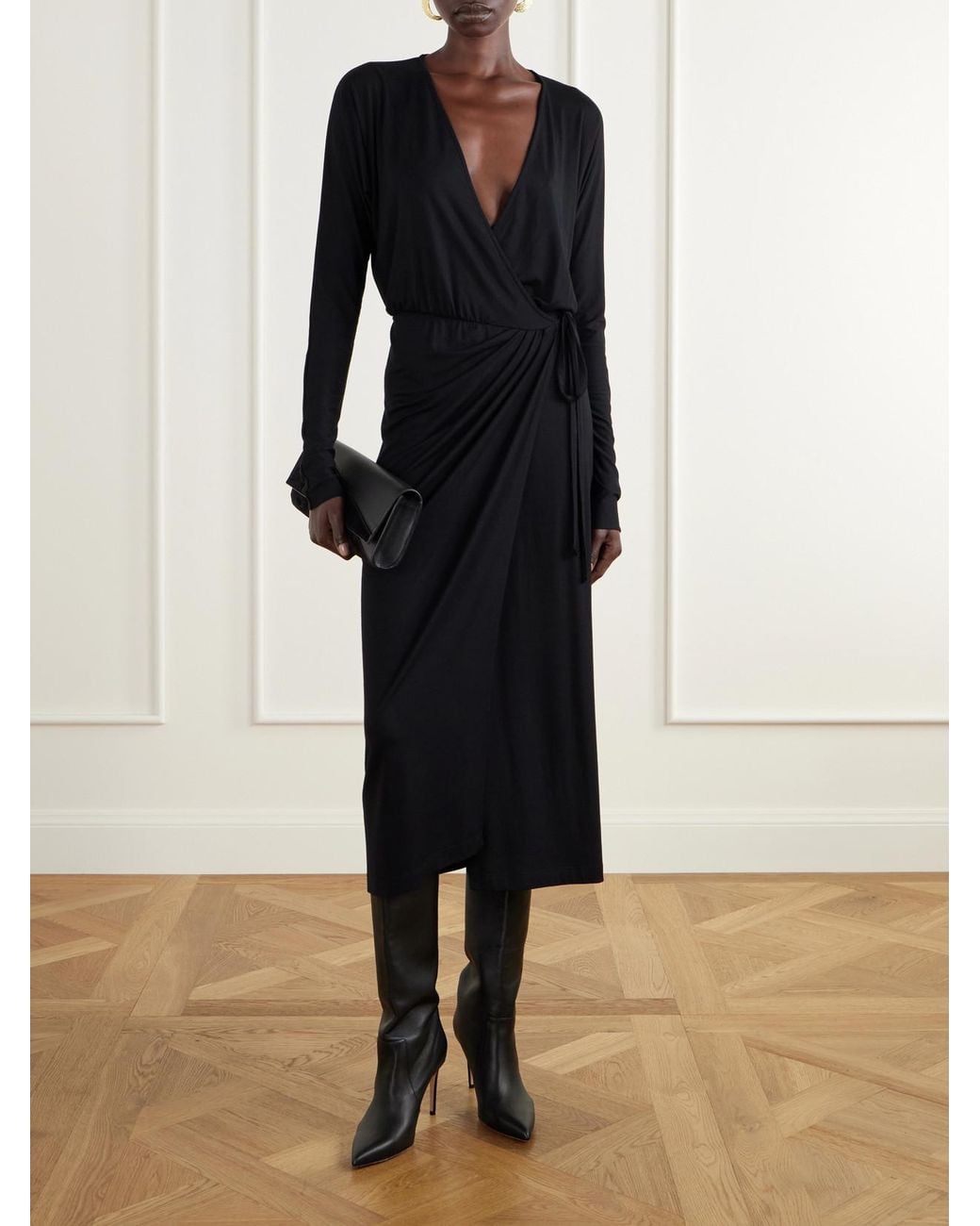 ÉTERNE Black Daria Draped Stretch-Modal Jersey Midi Wrap Dress