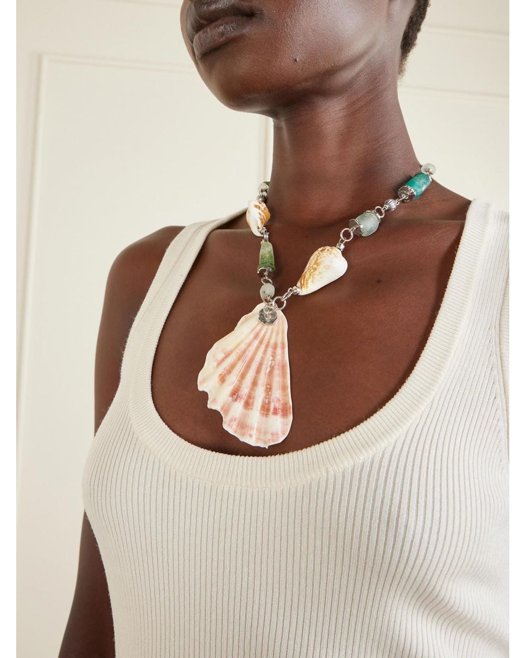 Tohum Design White Samsara Sterling And Seashell Beaded Necklace