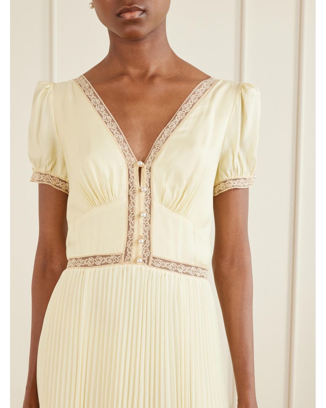 Self-Portrait Natural Lace-Trimmed Pleated Crepe Midi Dress