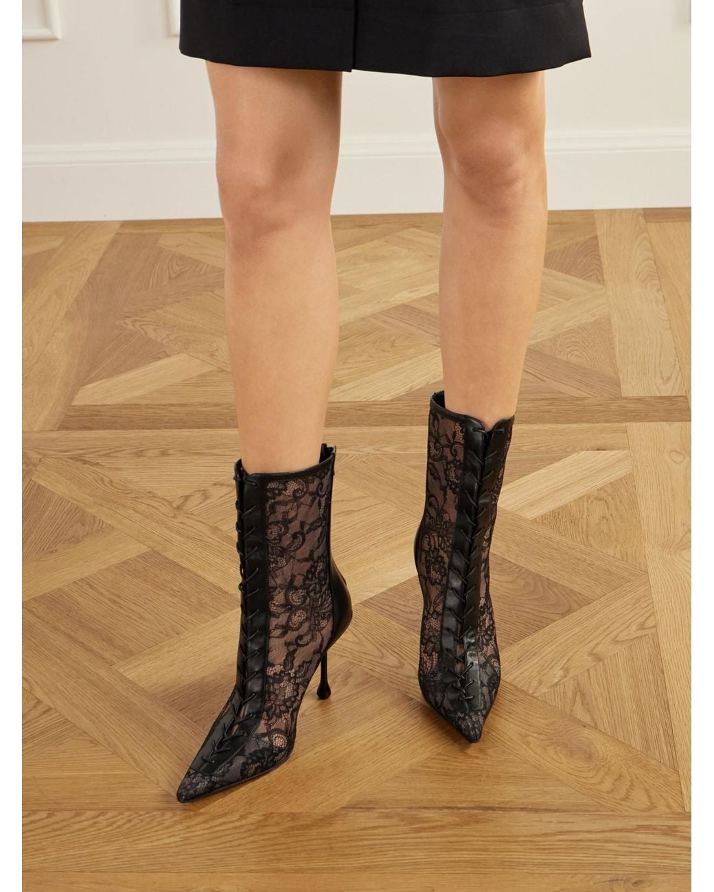Jimmy Choo Black Scarlett 95 Lace And Leather-Trimmed Ankle Boots