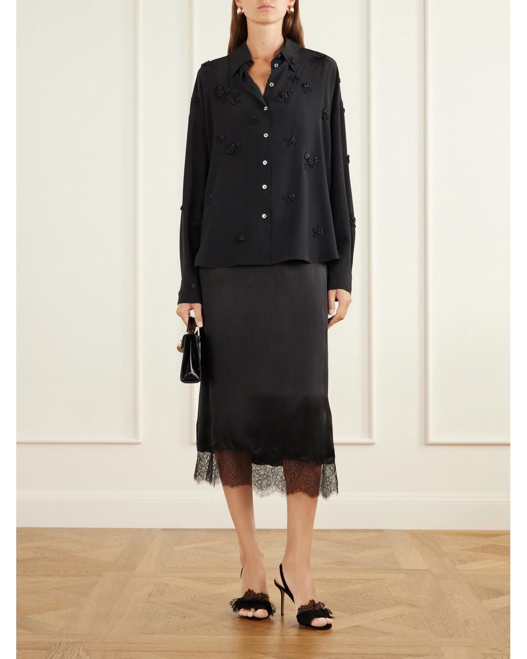 BERNADETTE Black Everett Floral-Embellished Silk Shirt