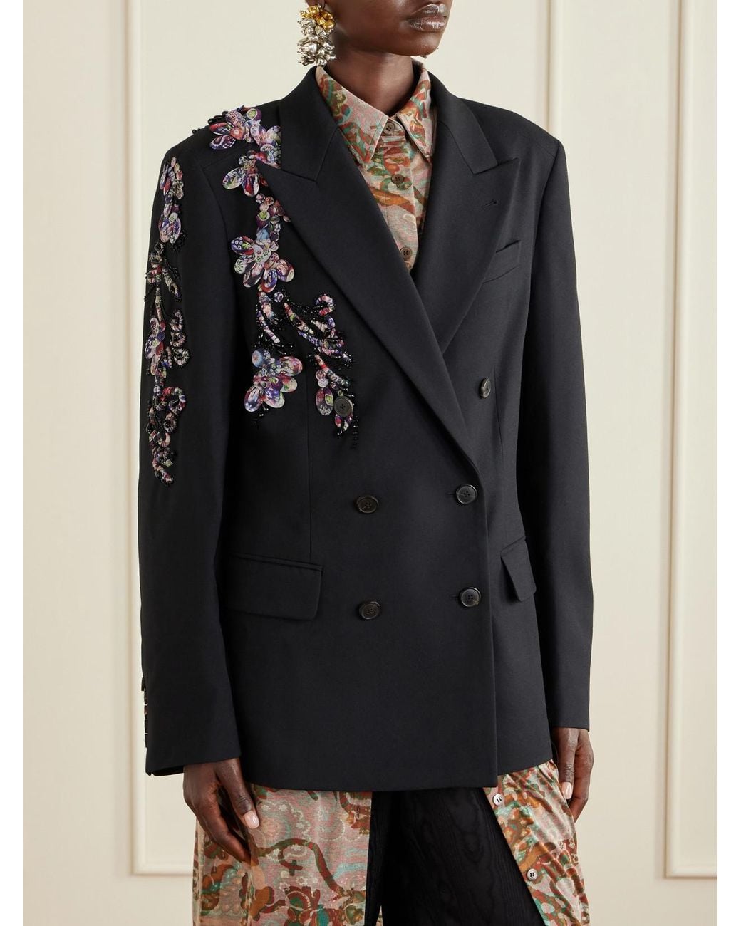 Dries Van Noten Black Embellished Double-Breasted Wool-Twill Blazer