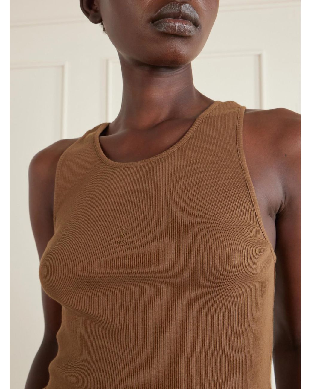 Saint Laurent Brown Cassandre Embroidered Ribbed Cotton-Jersey Tank