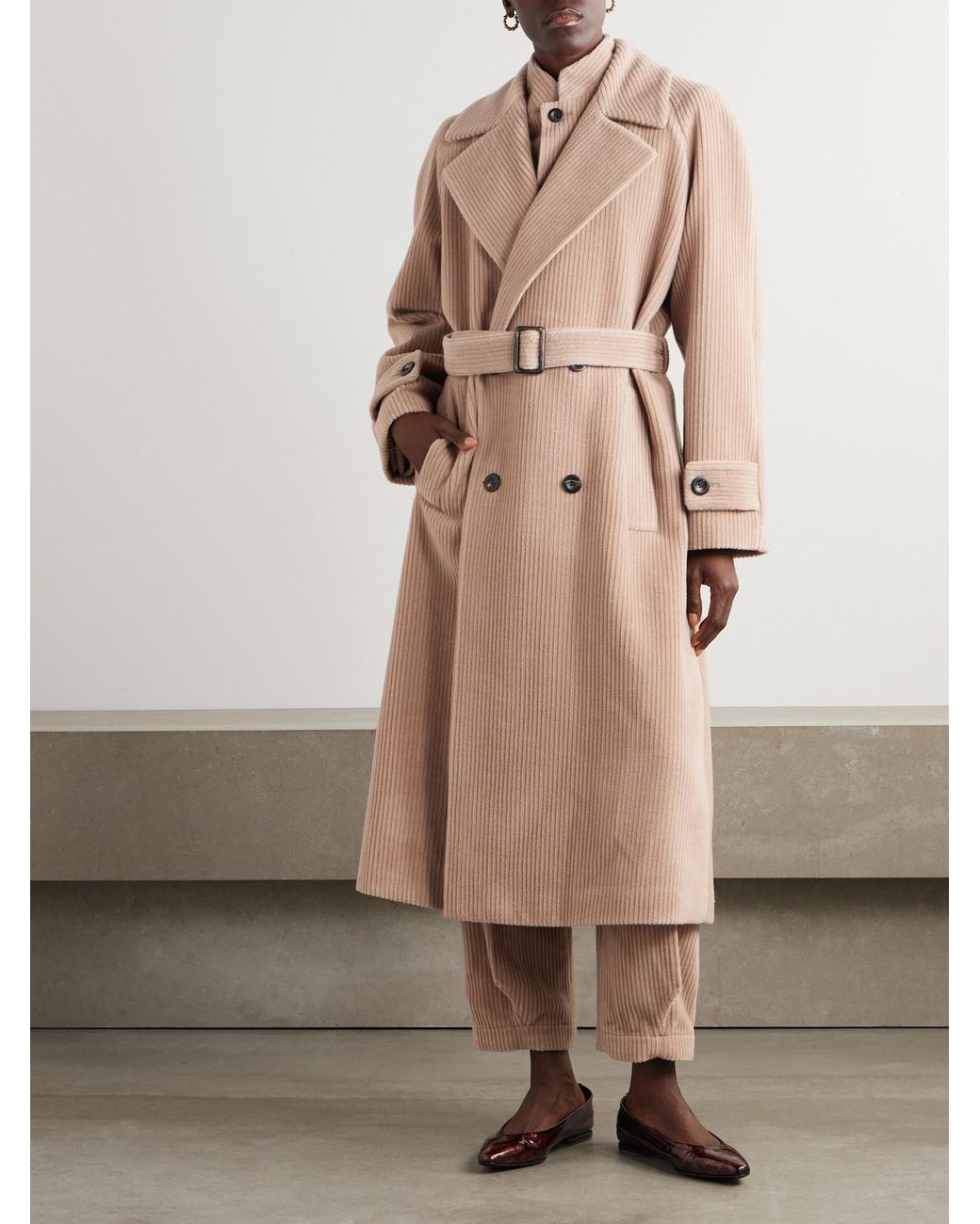 Loro Piana Natural Double-Breasted Belted Cashmere-Corduroy Coat