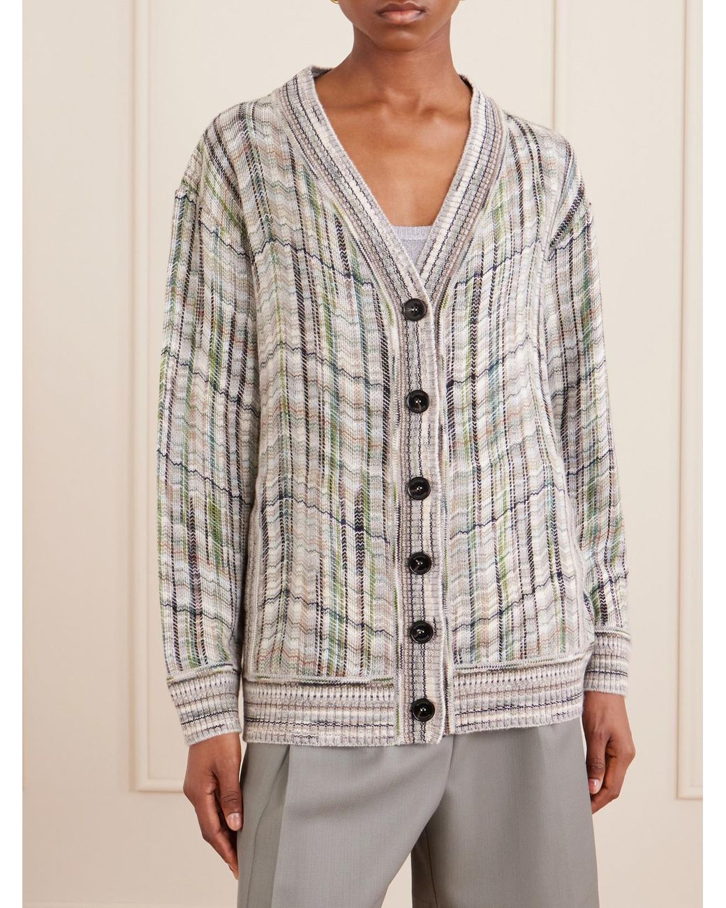 Missoni Gray Striped Crochet-Knit Wool-Blend Cardigan