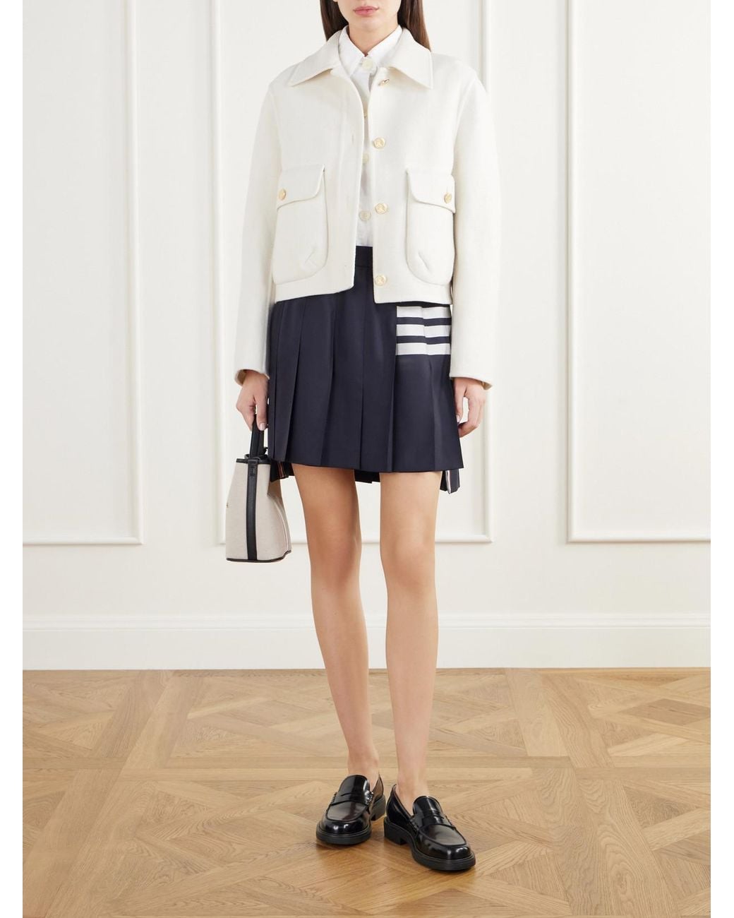 Thom Browne Blue Pleated Asymmetric Grosgrain-Trimmed Wool-Gabardine Mini Skirt