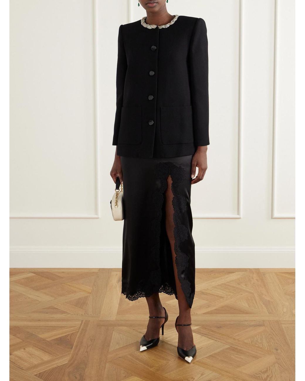 Valentino Garavani Blue Lace-Trimmed Silk-Satin Midi Skirt