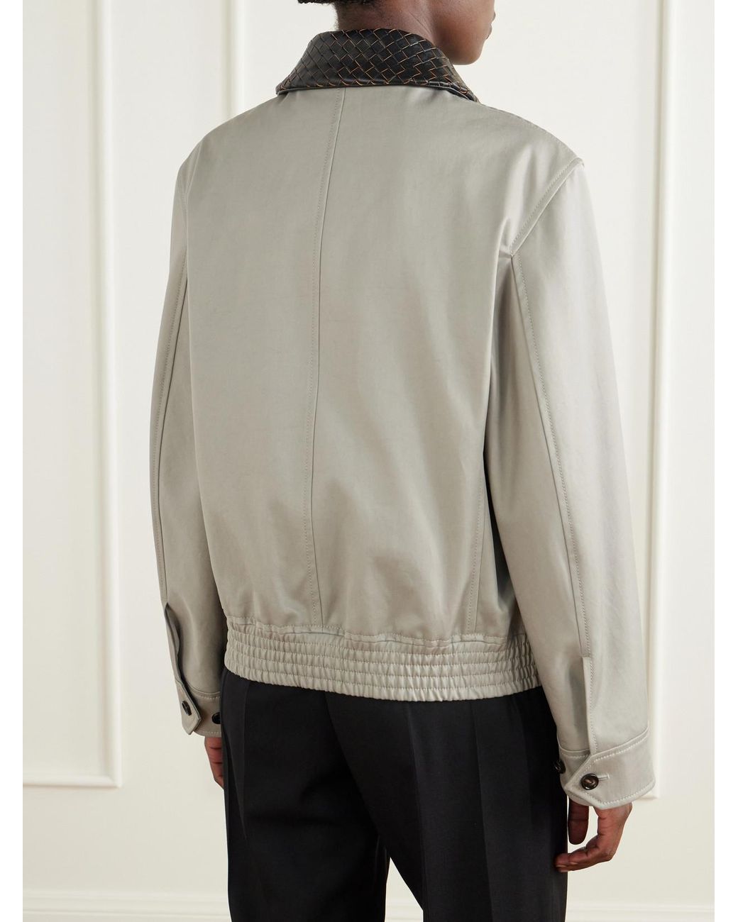 Bottega Veneta Gray Intrecciato Leather-Trimmed Cotton Jacket