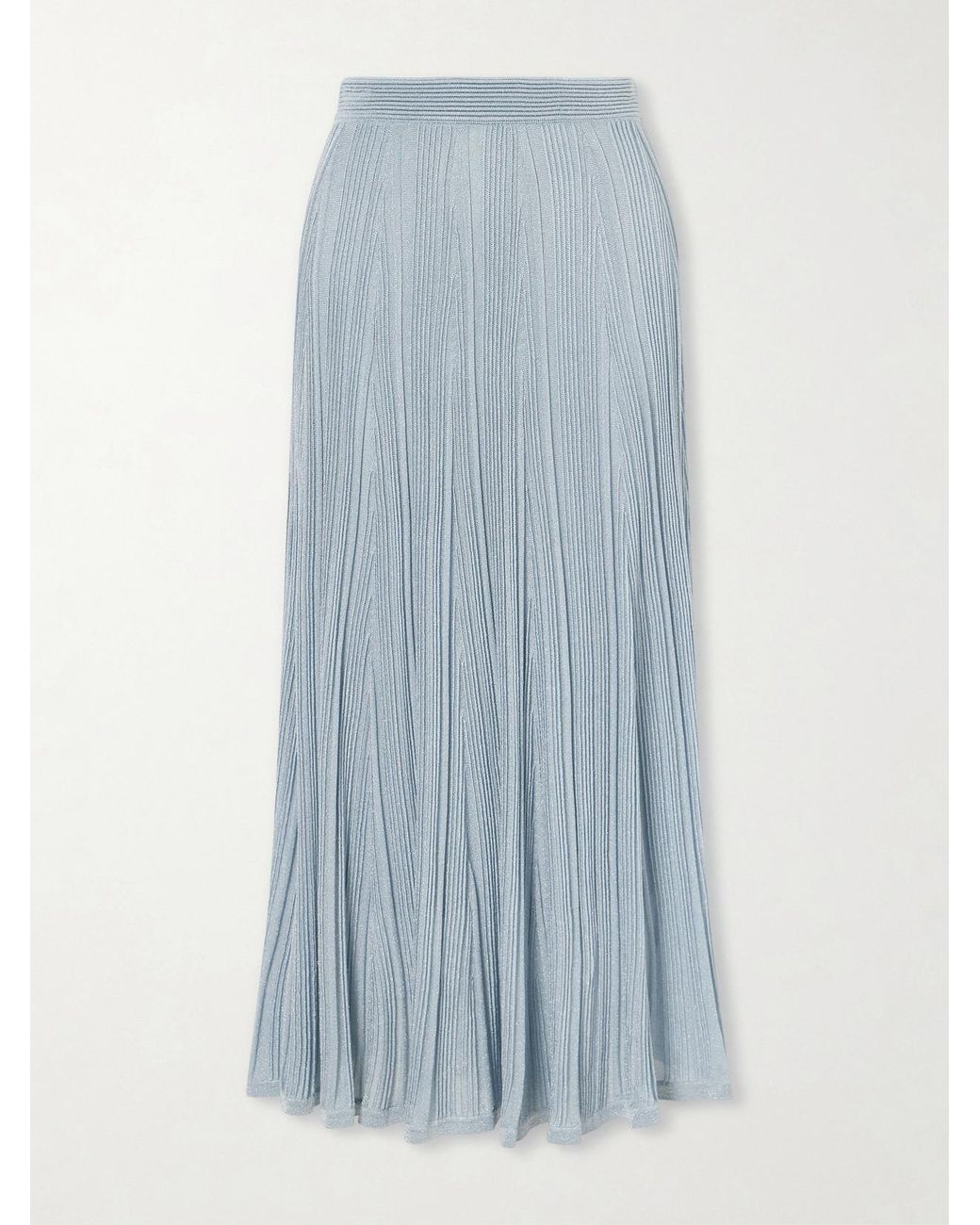 Zimmermann Blue Aster Metallic Ribbed-Knit Midi Skirt