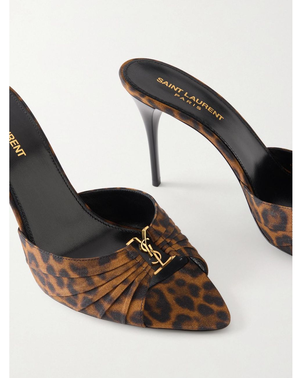 Saint Laurent Natural Babylone Cassandre-Embellished Leopard-Print Faille Mules
