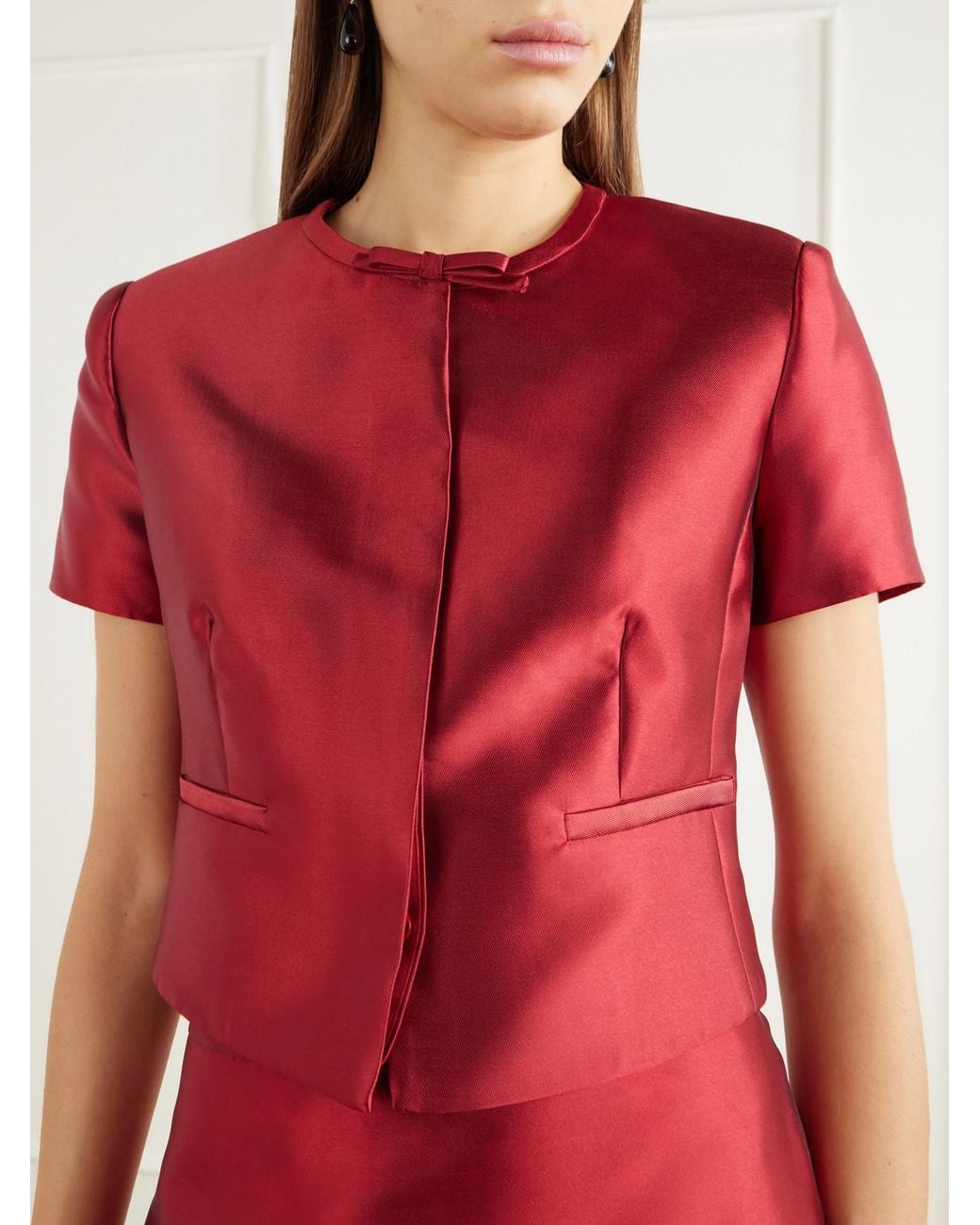 Jonathan Simkhai Red Naelle Bow-Detail Cropped Satin Blouse