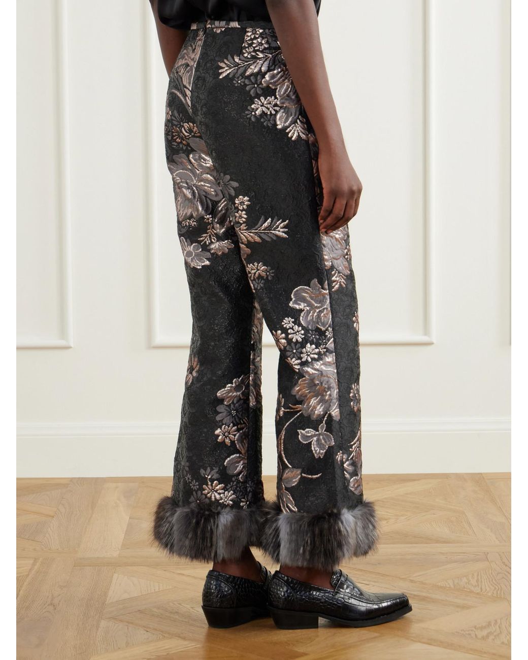 Anna Sui Black Plush-Trimmed Arcadia Brocade Flared Pants