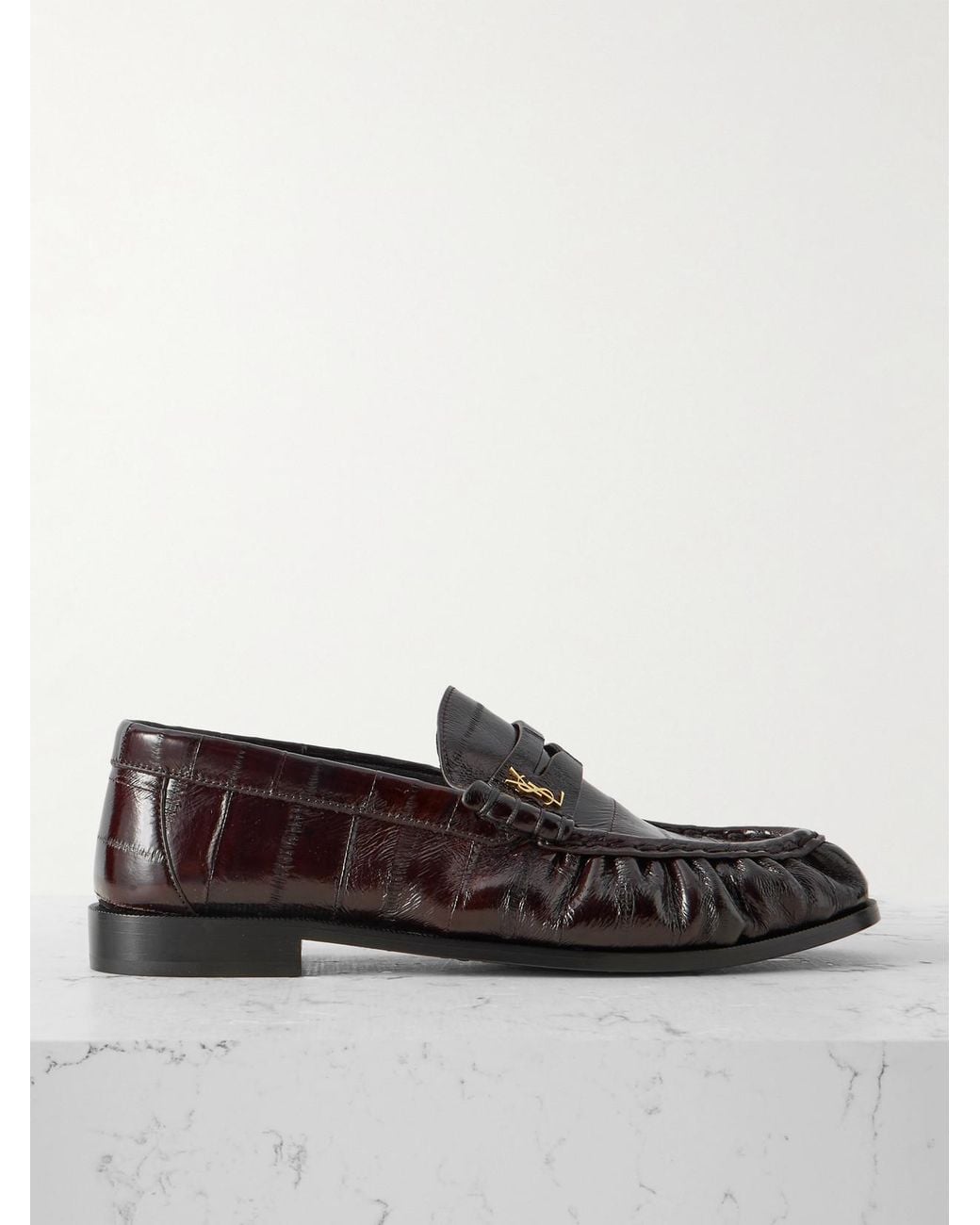Saint Laurent Brown Le Loafer Cassandre-Embellished Eel Loafers