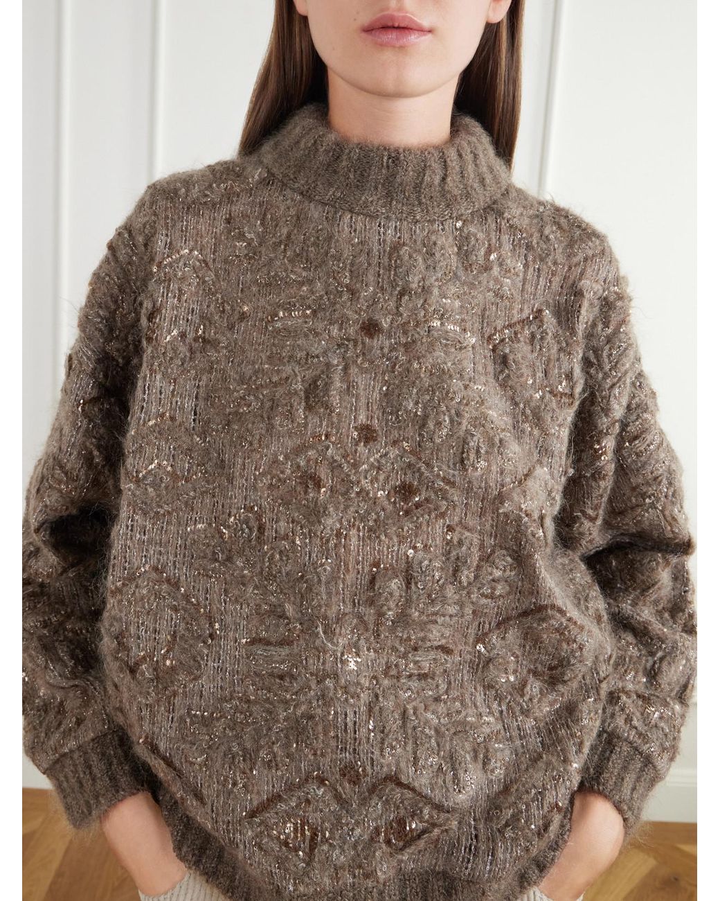 Brunello Cucinelli Brown Sequin-Embellished Jacquard Sweater