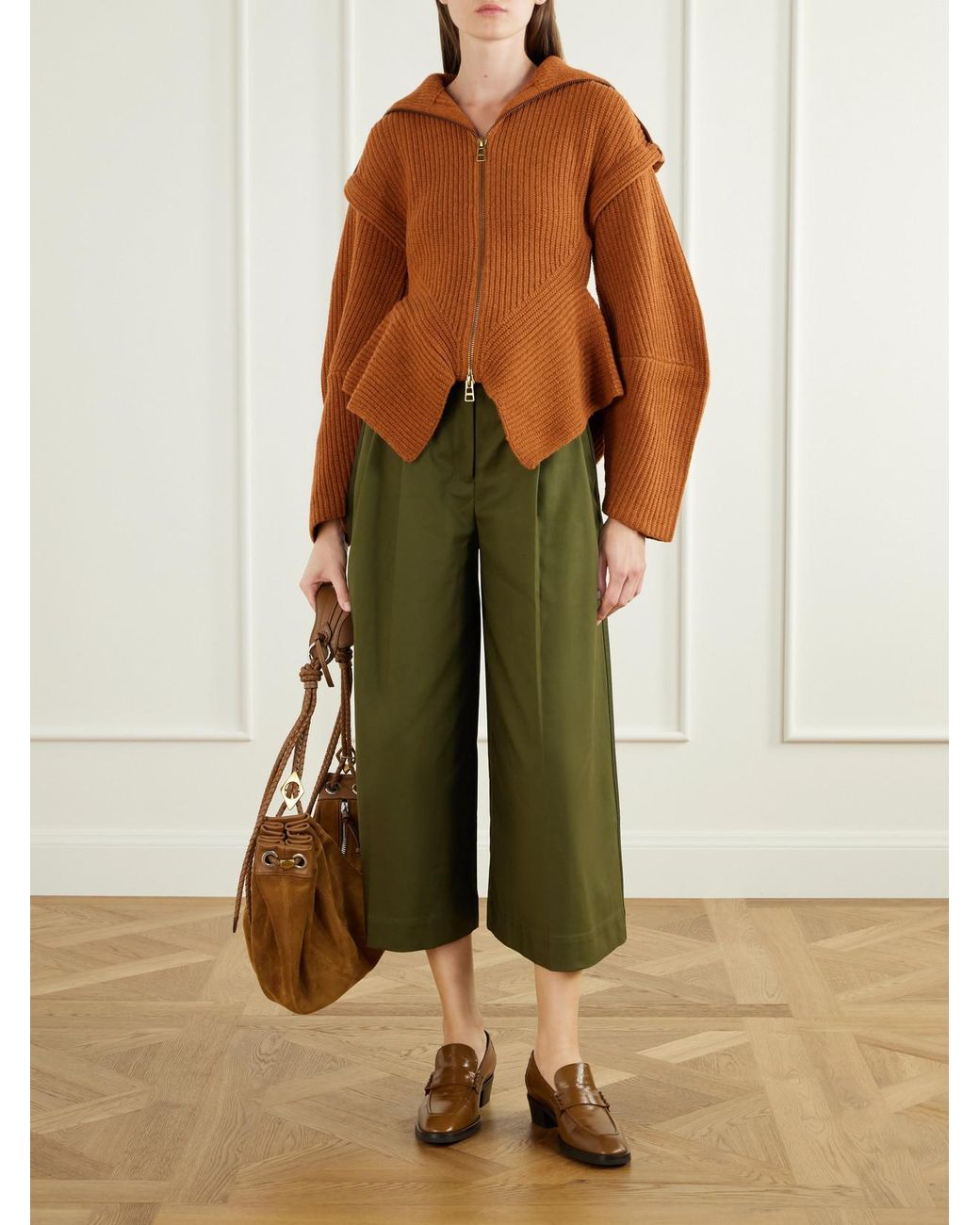 Zimmermann Brown Valiant Leather-Trimmed Ribbed-Knit Wool-Blend Cardigan