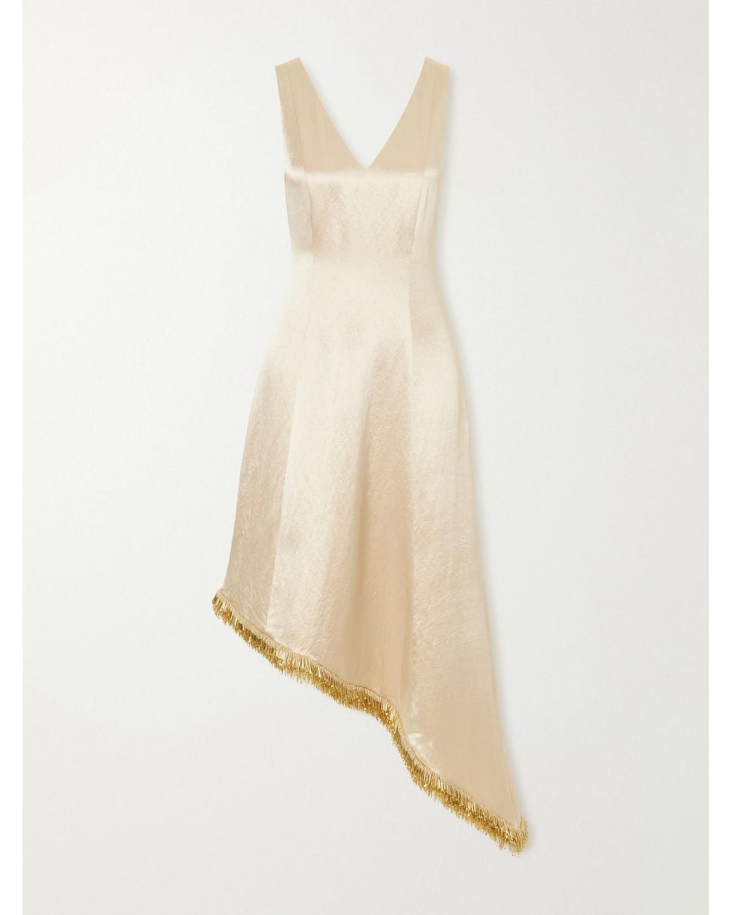 Abadia Natural Lynn Asymmetric Bead-Embellished Satin Midi Dress