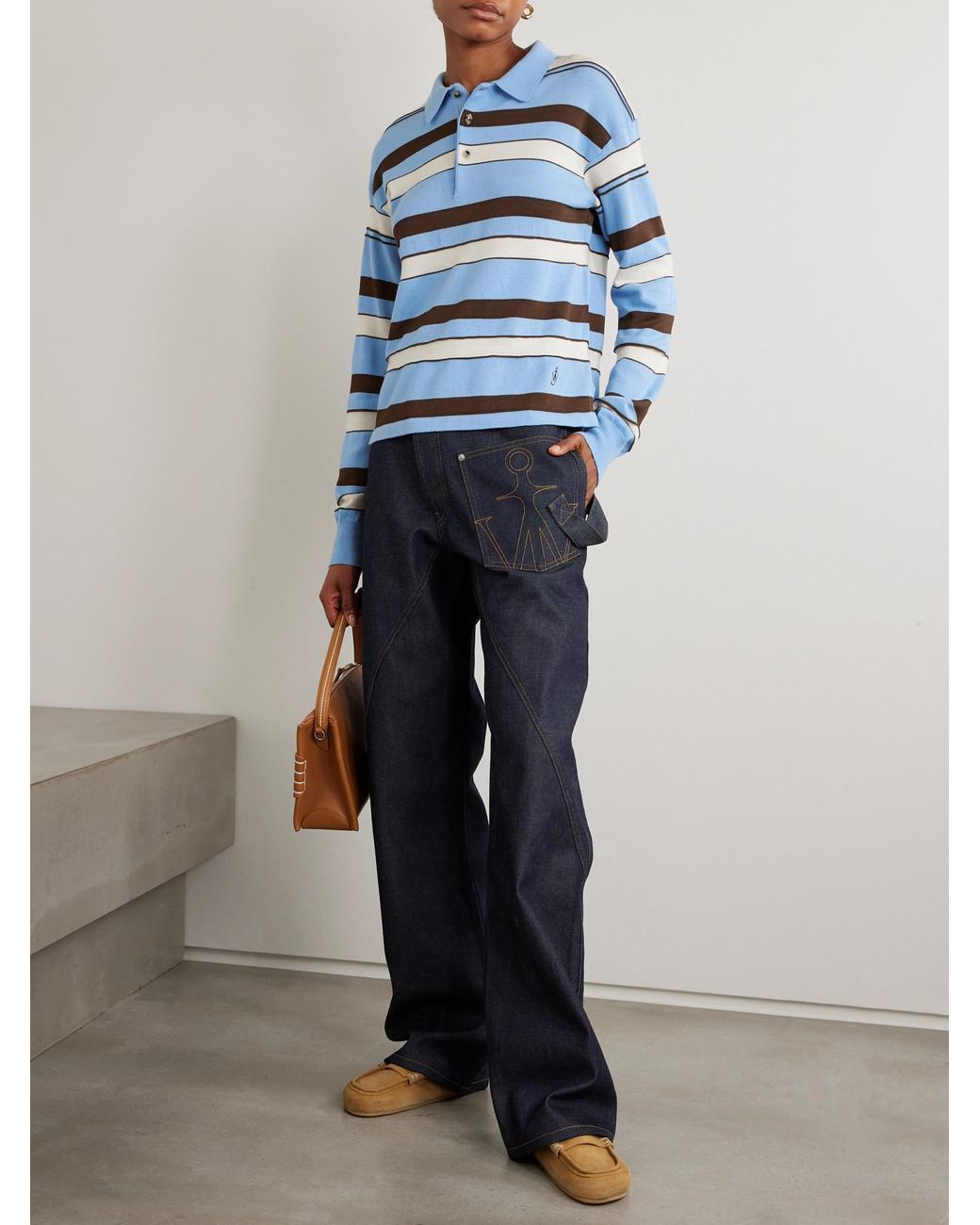 J.W. Anderson Blue Embroidered Striped Cotton And Wool-Blend Polo Shirt
