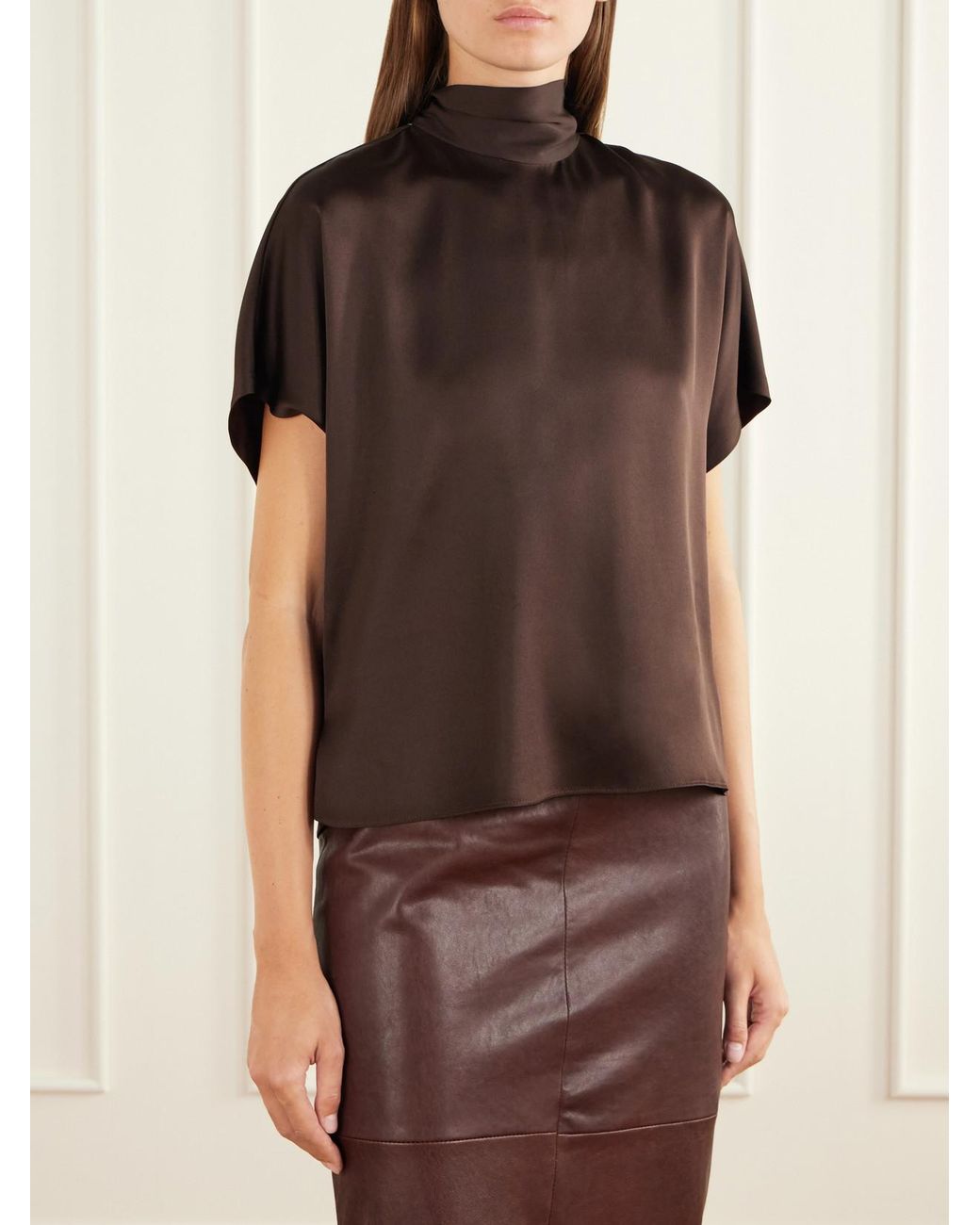 Brunello Cucinelli Brown Draped Silk-Satin Blouse