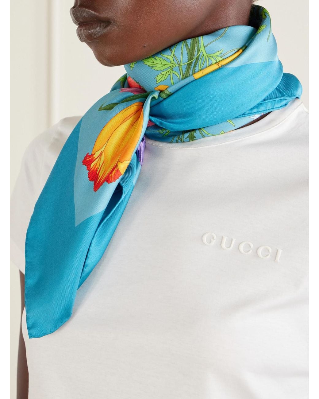 Gucci Blue Flora Floral-Print Silk-Twill Scarf