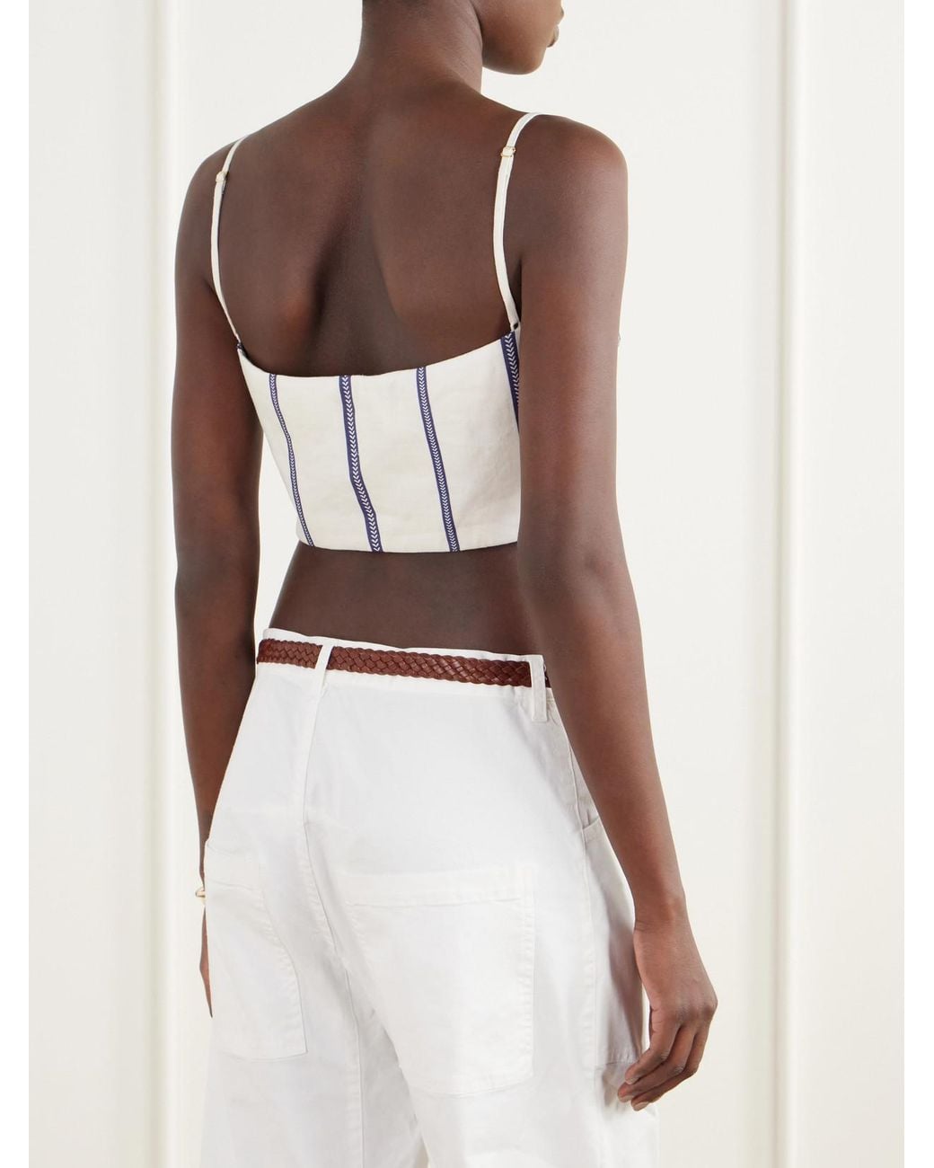 ANDRES OTALORA White Tierra Sagrada Cropped Striped Linen-Woven Top