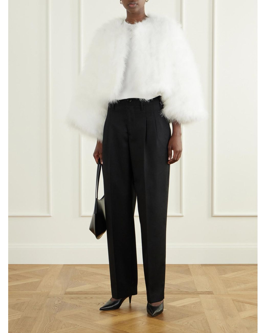 Yves Salomon White Cropped Feather-Trimmed Satin Cape