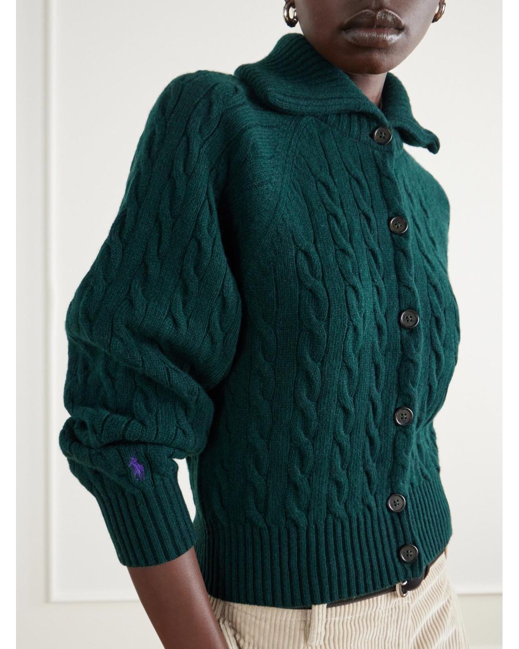 Polo Ralph Lauren Green Cropped Cable-Knit Wool And Cashmere-Blend Cardigan