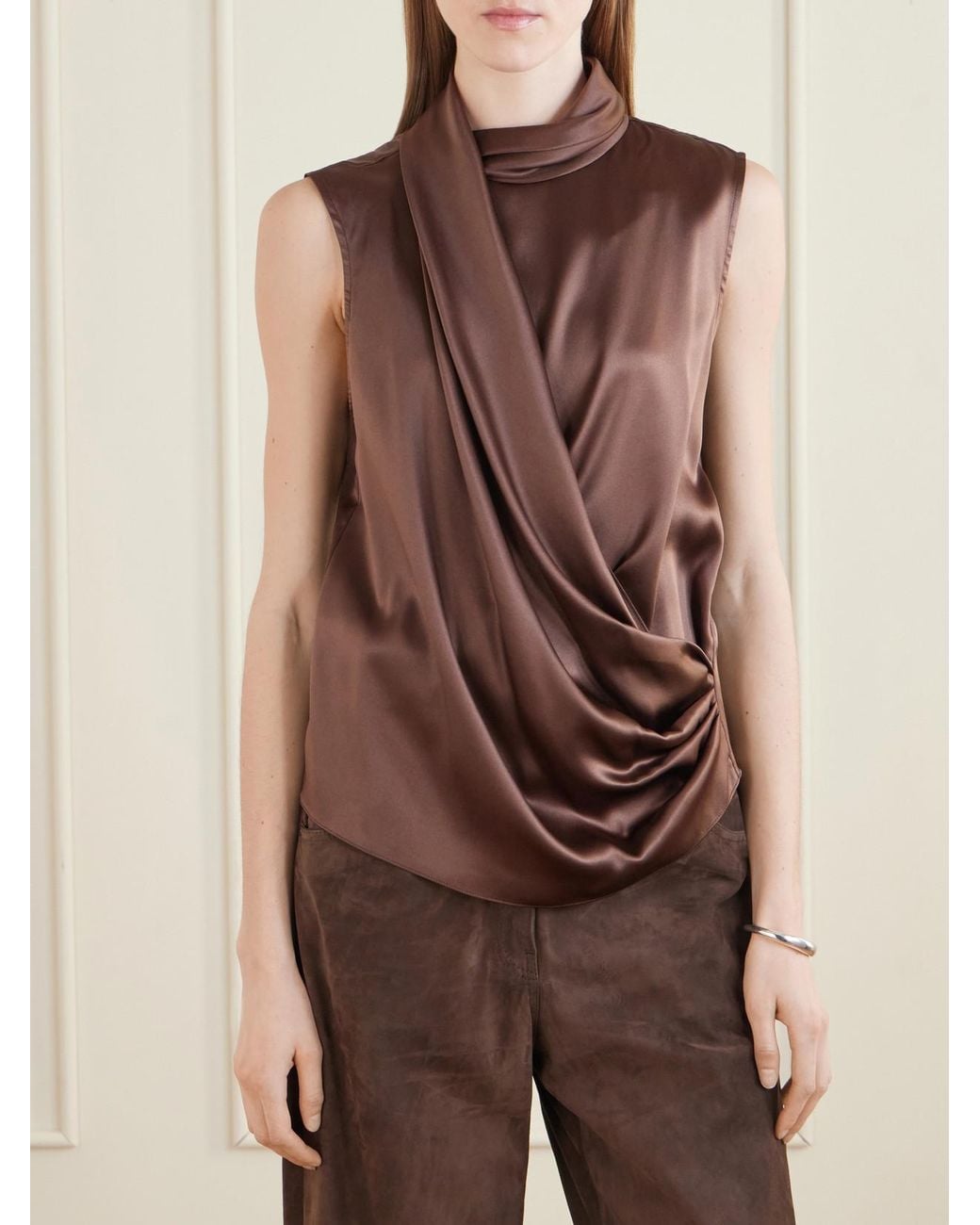 Brunello Cucinelli Brown Wrap-Effect Sleeveless Draped Silk-Blend Satin Blouse